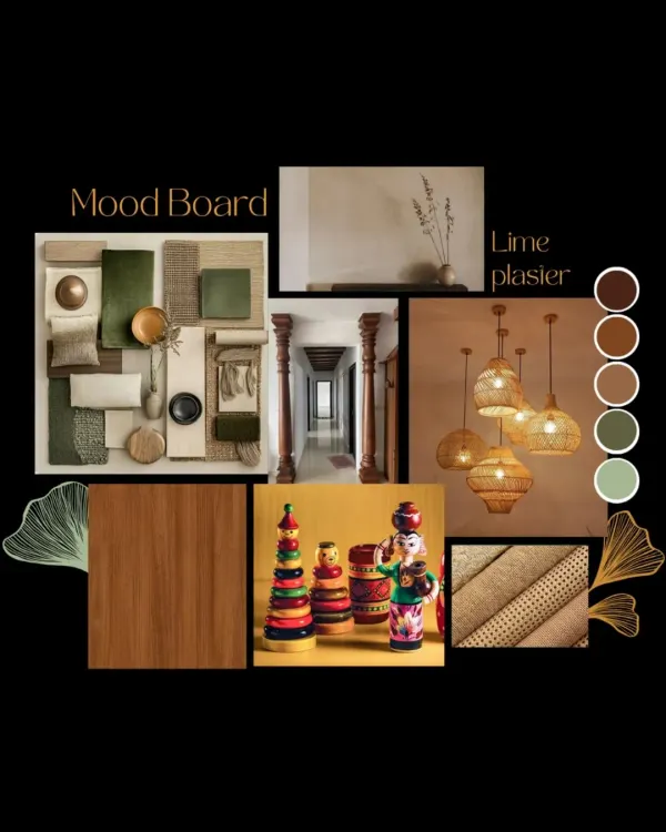 Every design begins with a feeling. This mood board for the Gopalan Florenza apartment captures the essence of our client's dream: the warmth of wood, the earthiness of lime plaster, and the vibrant touch of Channapatna crafts, all inspired by coastal Karnataka.