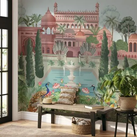 We love how our Vintage Mughal Garden wallpaper transforms this entryway, creating a grand and welcoming atmosphere. This design is perfect for making a statement in both homes and commercial spaces.