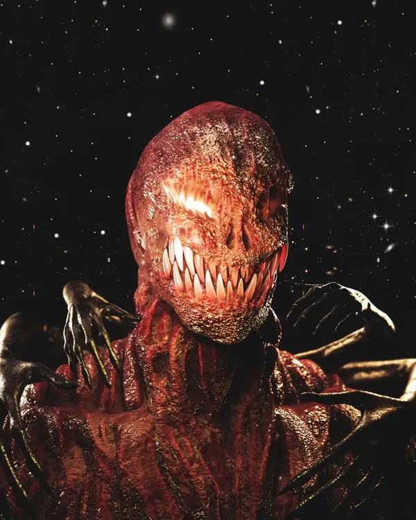 A cosmic horror creature called an 'Ancient', created in collaboration with another artist. Inspired by Venom, I designed this being with glowing teeth and a fleshy, textured body set against a star-filled void.