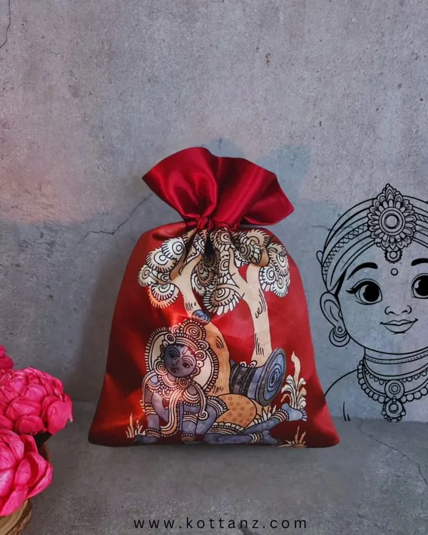 The most popular theme for Indian birth announcements is Krishna. This beautiful potli bag features a Kalamkari print of Yashodha and Krishna, perfect for the occasion.