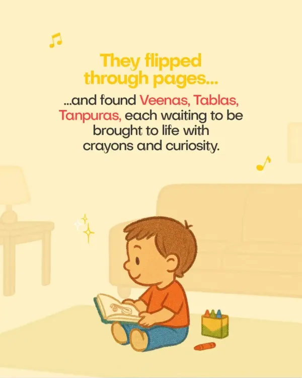 They flipped through pages and found Veeras, Tablas, and Tanpuras. Our 'Color and Learn with Little Bajo' book is designed to spark curiosity and introduce children to the world of Indian instruments.
