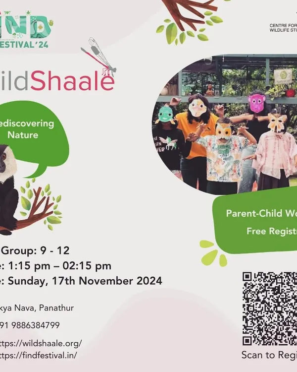 Children joyfully engaging in a WildShaale workshop, using animal masks to connect with nature. This parent-child program is designed to be a fun, hands-on hour of learning about India's biodiversity.