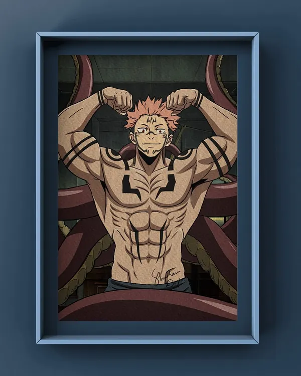 A framed digital illustration of Ryomen Sukuna from the anime Jujutsu Kaisen. If you're a fan of anime or manga, I can create custom character art with sharp lines and dynamic colors.