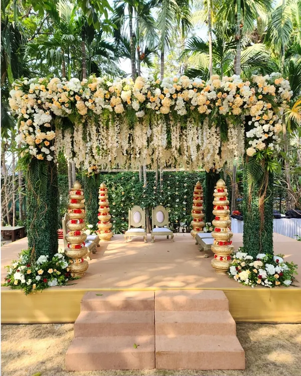 We created this stunning outdoor mandap using a lush canopy of cream roses and hanging wisteria, with green foliage pillars and traditional golden accents for a natural yet opulent feel.