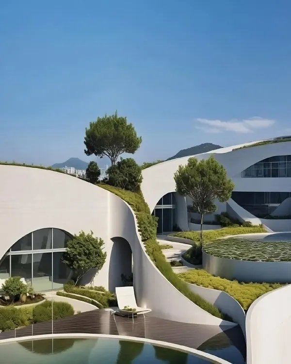 A residence where the structure is defined by its landscape. We designed flowing green roofs and integrated water bodies that follow the natural contours of the building, creating a home that is both part of nature and a comfortable living space.