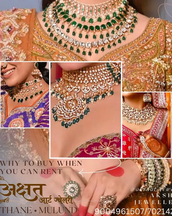 A collage showcasing why renting is a smart choice for your wedding. You can wear stunning, high-quality bridal jewellery like these beautiful Kundan and Polki sets without the commitment of buying.