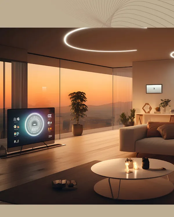 We design integrated, future-proof smart homes that blend technology seamlessly into your living space. This modern living room showcases automated lighting and a smart entertainment system, creating an environment of ultimate comfort and control against a stunning sunset view.