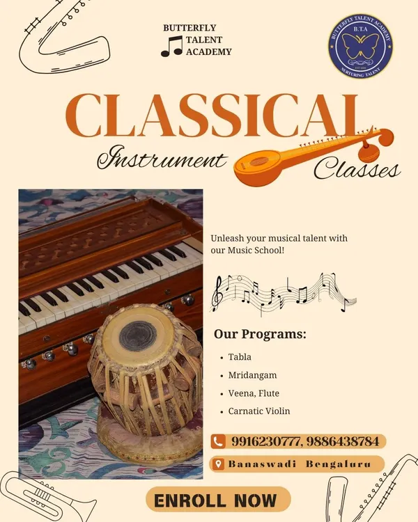 Explore the rich sounds of Indian classical instruments with us. Our programs include tabla, mridangam, veena, flute, and Carnatic violin, taught by experienced gurus.