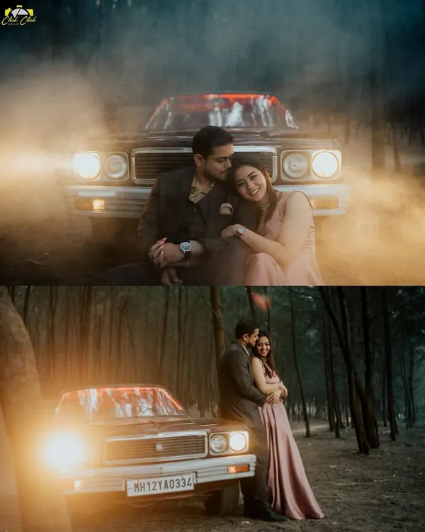 A dramatic pre-wedding shoot featuring a vintage car and atmospheric smoke. This collage shows both an intimate moment and a wider, more cinematic view of the setup.