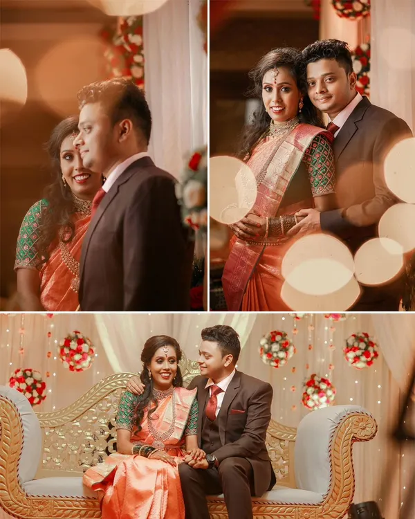 A collage of happy moments from a wedding reception, capturing the couple's joy as they pose for photos and enjoy their celebration.