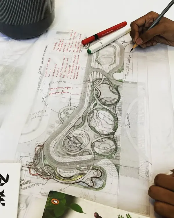 A look at our process. A hand-drawn sketch on trace paper, exploring the layout for a 45-acre residential project near Chennai. This is where we define the core concepts of movement and zoning.