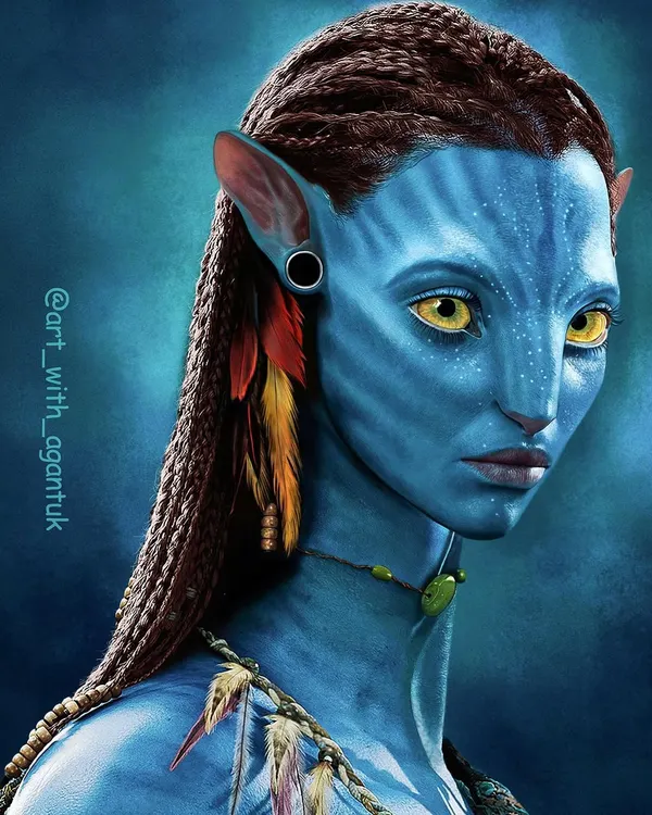 This portrait of Neytiri from Avatar is one of my favorite pieces and took around 40 hours to complete. I focused on creating a hyper-realistic skin texture, capturing the unique glow of the Na'vi people and the intense detail in her eyes and braided hair.