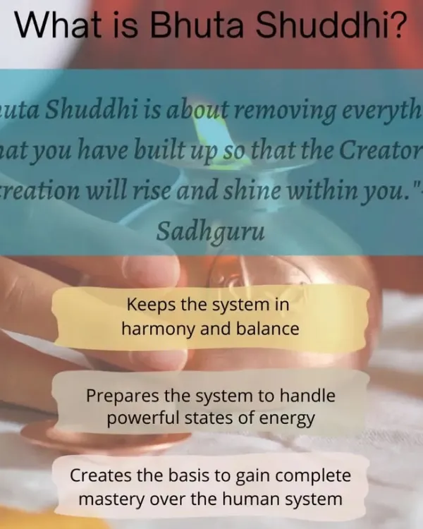 What is Bhuta Shuddhi? It is the most fundamental practice in yoga, designed to cleanse the five elements. As Sadhguru says, it is about removing what you have built up so the Creator's creation can shine within you.