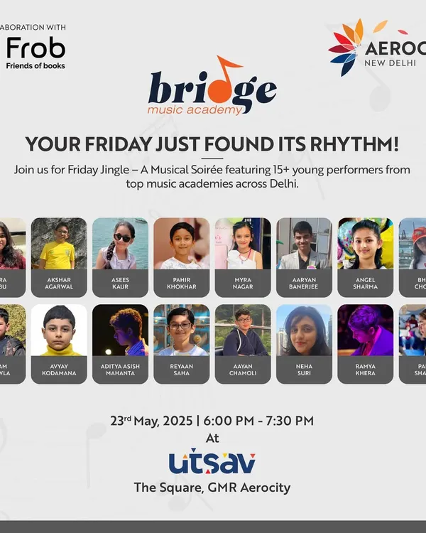 "Your Friday just found its rhythm!" A poster for 'Friday Jingle', a musical soiree featuring over 15 young performers from top music academies across Delhi, held at our Utsav space.