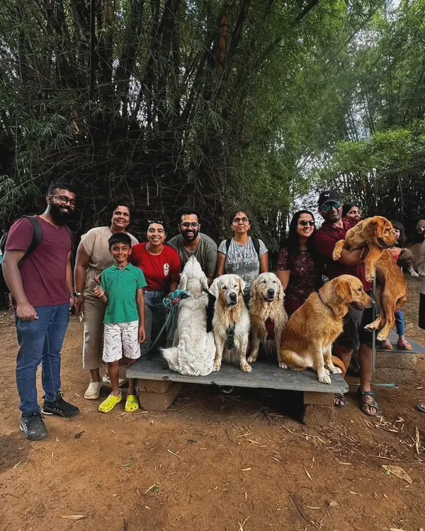 Group photos from a 'Dog's Day Out' at an organic farm. It's amazing to see so many people and dogs of different breeds enjoying a day in nature together.