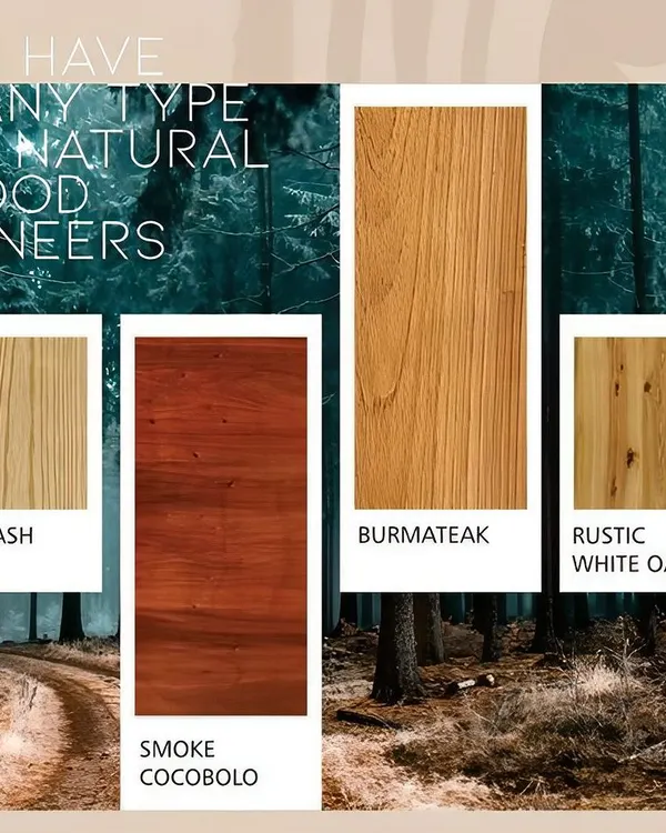 Explore the variety in our natural wood veneer collection, including White Ash, Smoke Cocobolo, our classic Burma Teak, and Rustic White Oak. Each offers a distinct personality for your interiors.
