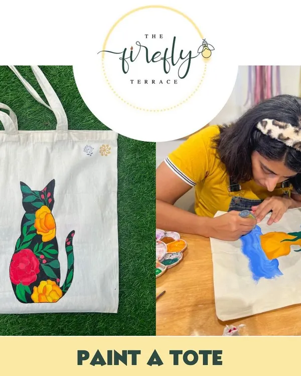 Why buy a printed tote when you can paint your own? This image shows a finished floral cat design next to an artist creating their own masterpiece. My tote bag painting kits come with a canvas bag and all the paints you need to wear your art.