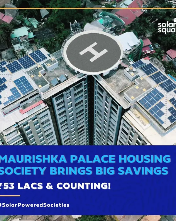 An aerial view of the Maurishka Palace Housing Society in Mangalore, which has saved over ₹53 Lakhs with our 145 kW rooftop system. This is the power of community solar.