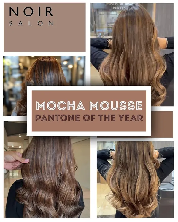 Embracing the sophisticated hues of Mocha Mousse. This collage showcases the versatility of this rich brown shade, from soft waves to sleek, straight styles. It's a timeless and chic choice.