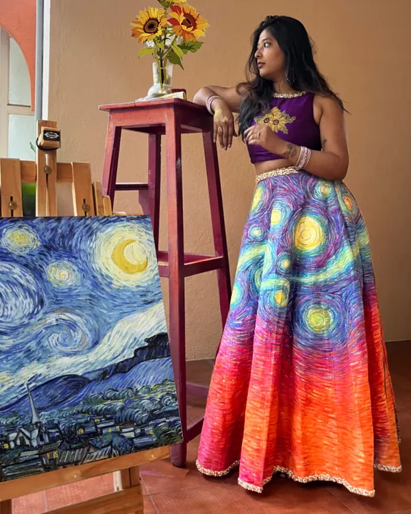 This is the piece that started it all, my own hand-painted lehenga for my Sangeet. I combined the swirling energy of Van Gogh's "Starry Night" with the warmth of a sunset, creating a piece of wearable art that felt completely me.