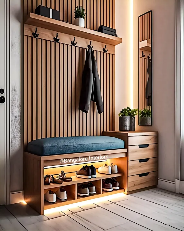 A complete entryway solution featuring a wooden hall tree with a slatted back panel, coat hooks, and an overhead shelf. The unit includes a comfortable cushioned bench with open shoe storage underneath, illuminated by an LED strip.