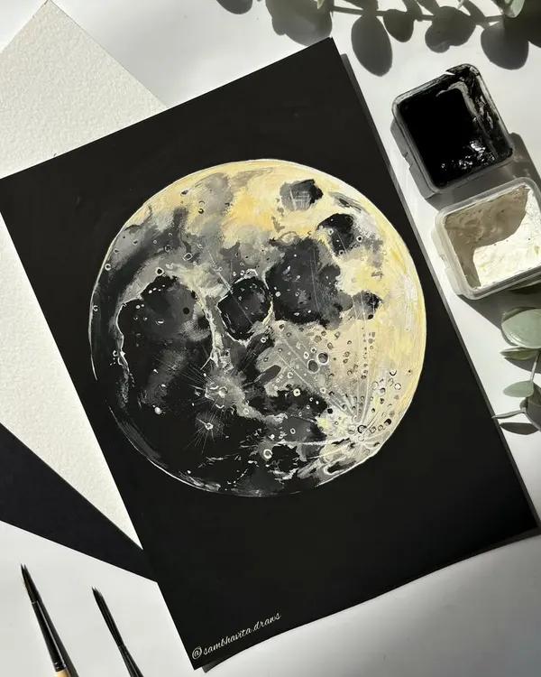I love painting the moon. This is a detailed gouache painting on black paper, where I focused on capturing the textures and craters. This piece was part of an art contest and pushed me to explore new techniques.