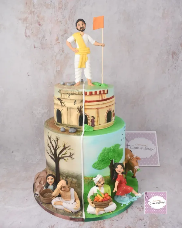 This is one of the most meaningful cakes I've ever made, a 'Dharmasthapane' cake. It tells a story of two contrasting worlds, Dharma and Adharma, through incredibly detailed, hand-sculpted fondant figurines and hand-painted backdrops. The client envisioned this entire concept, and bringing their story to life was a challenge I thoroughly enjoyed.