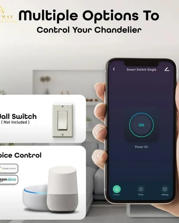 Control your lighting your way. Our Manila Smart Chandelier can be operated via a wall switch, a mobile app, or even with your voice using Google Assistant and Amazon Alexa.