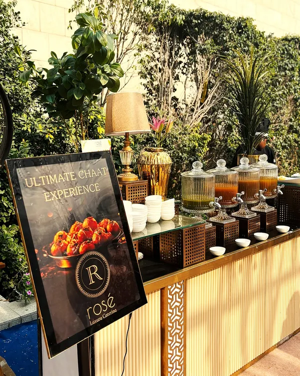 Our "Ultimate Chaat Experience" station set up for a sunny outdoor event. The elegant counter design and professional branding promise a refined yet authentic taste of India's favorite street food.