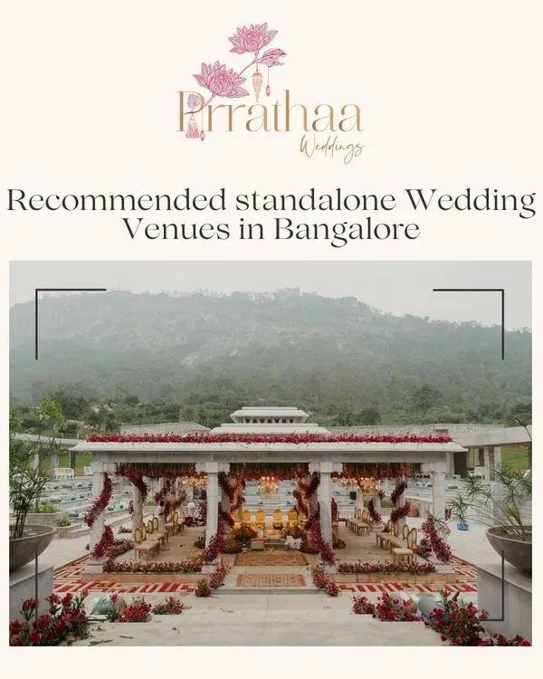 I handpick the most stunning standalone wedding venues in Bangalore for my clients. This image showcases Amita Rasa, a grand venue at the foothills of Nandi, perfect for a "marriage made in heaven."