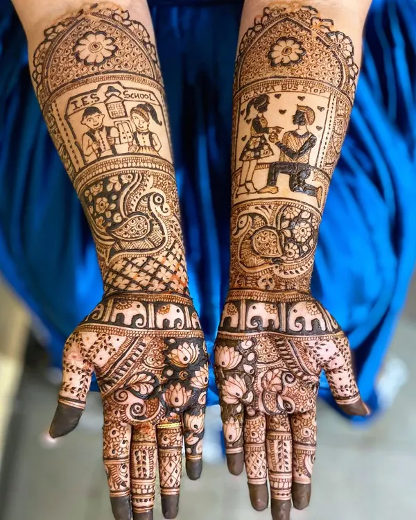 This design tells a complete love story, from the couple's first meeting at school to the romantic proposal. It's a perfect example of how we can weave your personal journey into your bridal henna.