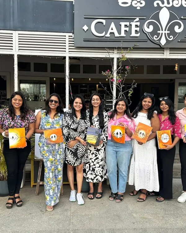 A fantastic group of friends celebrating together at Cafe Noir. My sip and paint parties are a perfect reason to gather your favorite people for a fun and creative afternoon.