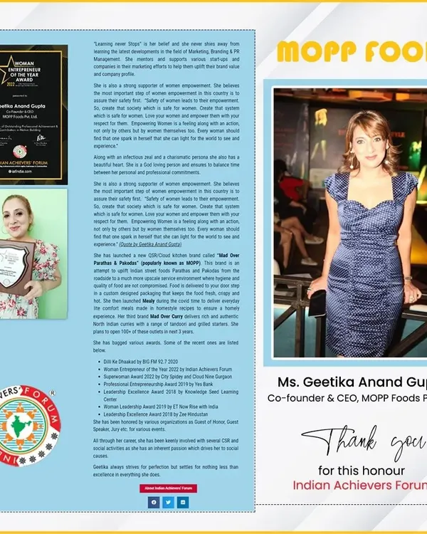 I was honored to be featured by the Indian Achievers Forum and receive the Woman Entrepreneur of the Year award. As a woman-owned business, this recognition means the world to me and my team.