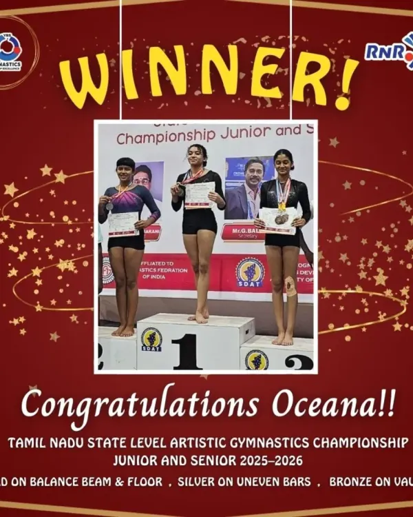 A true winner. This graphic celebrates Oceana's phenomenal sweep at the Tamil Nadu State Level Championship, where she won gold on Balance Beam and Floor, silver on Uneven Bars, and bronze on Vault.