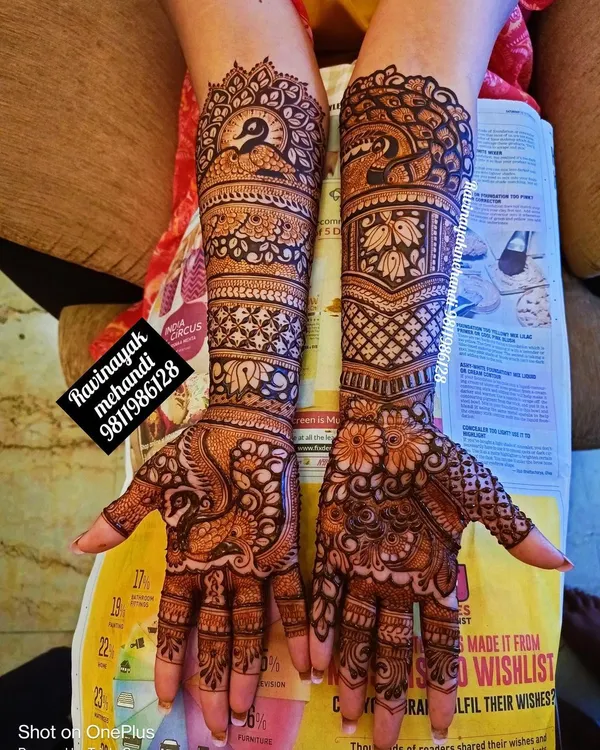 A perfect example of traditional Rajasthani mehndi, this design is filled with peacocks, lotuses, and intricate jaali work, covering the arms fully.