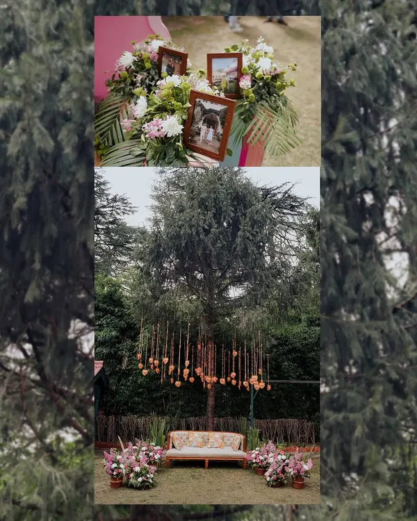 A collage of the beautiful, personalized decor from a Haldi ceremony. The hanging hearts and framed photos of the couple's pets show how every detail can tell a story.