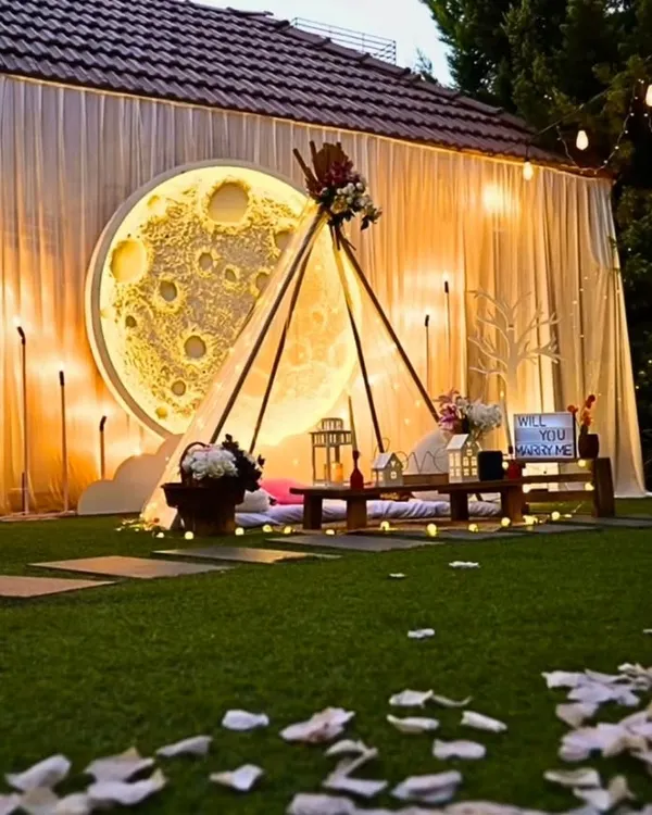 I create enchanting evening settings like this moon-themed romantic dinner. The setup features a custom illuminated moon backdrop, a cozy teepee for two, and warm ambient lighting to create a truly magical atmosphere in my private garden venue.
