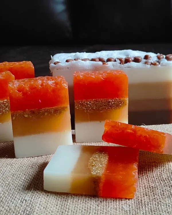 A collection of my honey oat milk and coffee bathing bars. The honey and oat soap gently exfoliates and soothes, while the coffee bar is invigorating and great for the skin.
