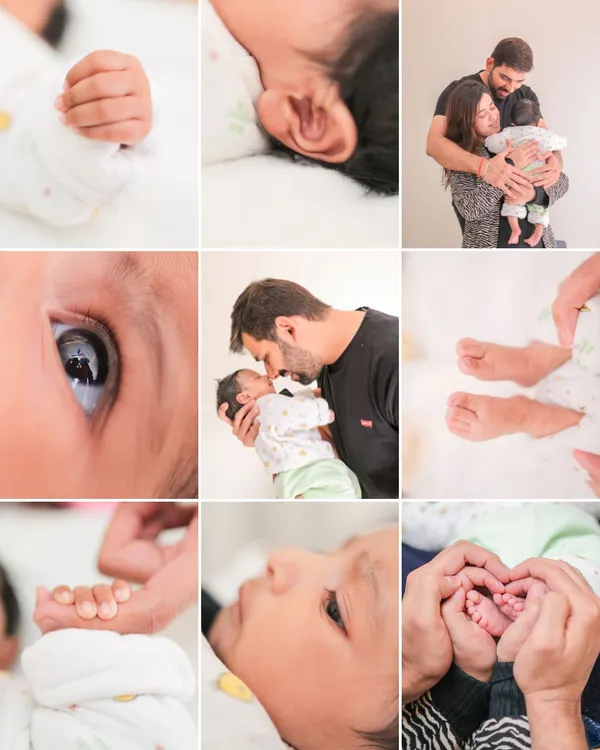 This collage is dedicated to all the tiny, perfect details of a newborn. I focus on capturing close-ups of their hands, feet, eyes, and ears, alongside tender moments with mom and dad. It tells the complete story of your new arrival.