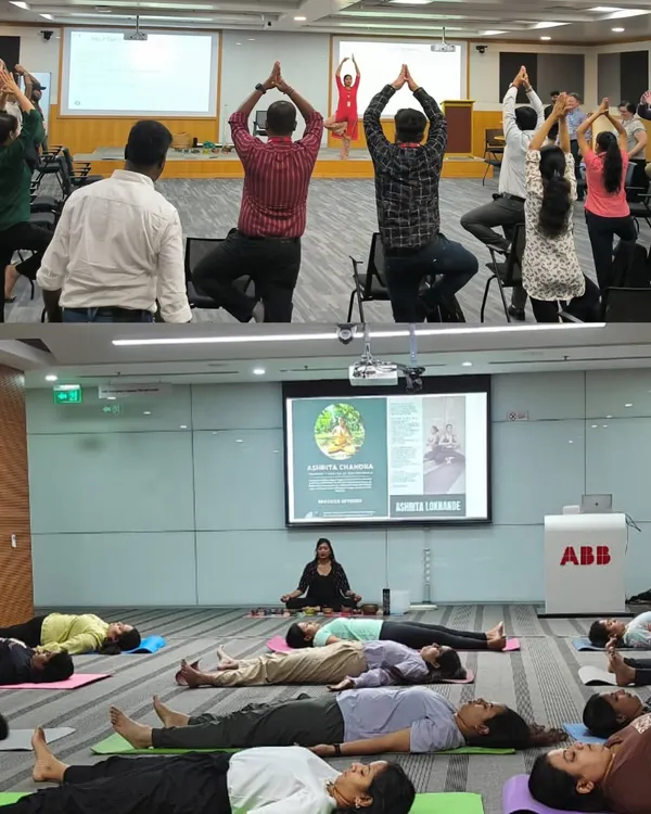 A collage from a corporate yoga day session at ABB. The top image shows employees engaging in a standing yoga pose for balance, while the bottom shows them in a guided relaxation, demonstrating a complete approach to workplace wellness.