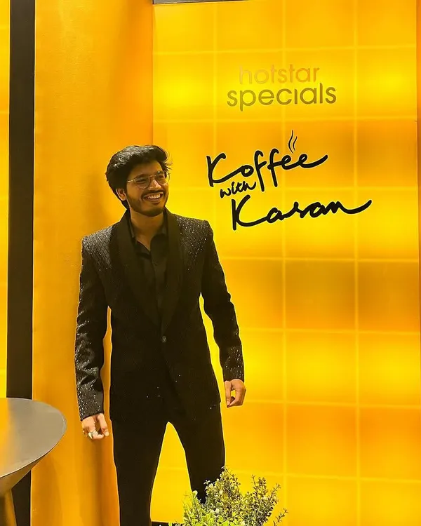 RJ Raghav is seen here at the 'Koffee with Karan' set wearing a custom black jacket I designed. The jacket features a subtle texture, making it perfect for a high-profile television appearance.
