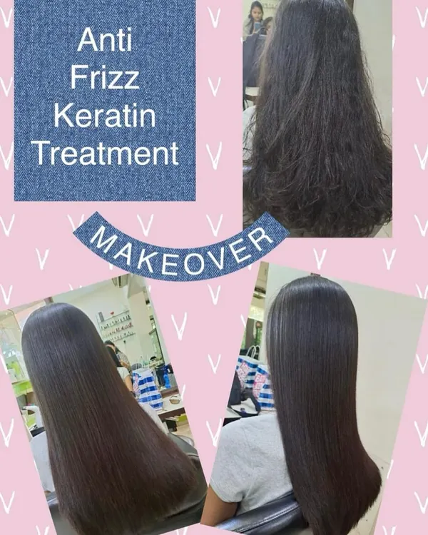 This before and after shows the dramatic effect of our anti-frizz Keratin treatment. We transformed dry, unruly hair into a perfectly sleek and glossy style, eliminating frizz entirely.