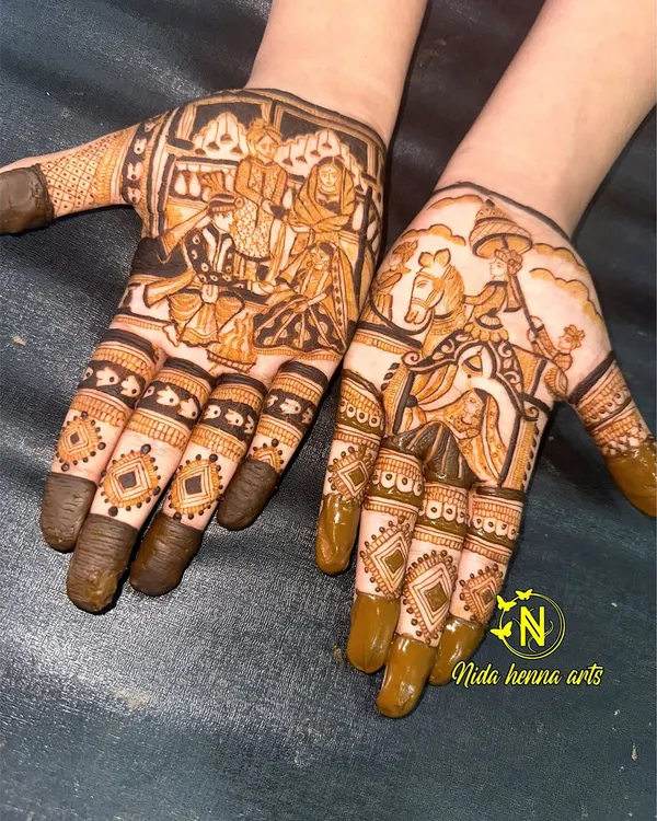 This is the complete story of a bride's journey. One hand shows the Kanyaadan, the moment her parents give her away, while the other shows the groom's Baarat arriving to take her to her new home.
