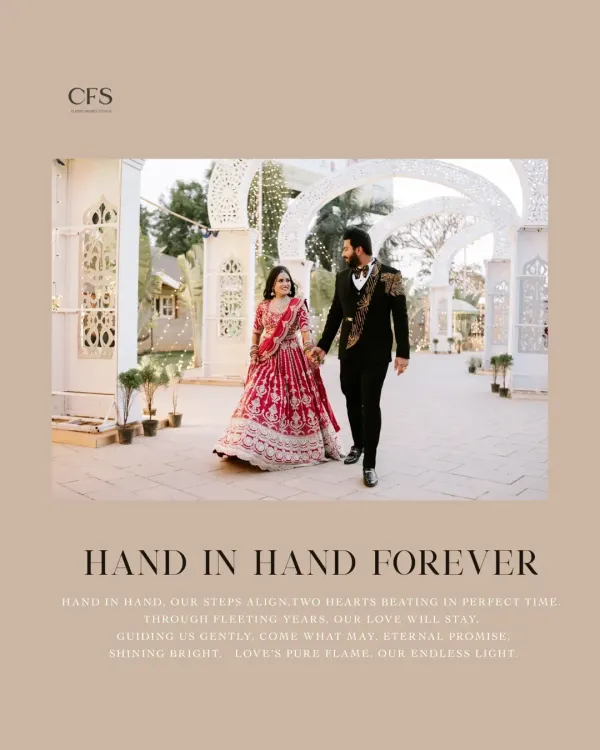 Hand in hand, forever. A beautiful walking shot of the couple in their reception attire, capturing the elegance and promise of their journey together.