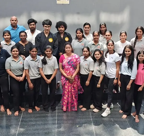 A group photo with the participants of the self-defense workshop at ISBR Business School in Bengaluru. It was a privilege to train over 30 young women, equipping them with valuable self-protection skills.