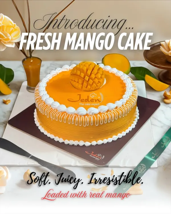 A slice of summer in every bite. Our Fresh Mango Cake is soft, juicy, and irresistible, loaded with real mango pieces and topped with a beautifully carved mango rose.