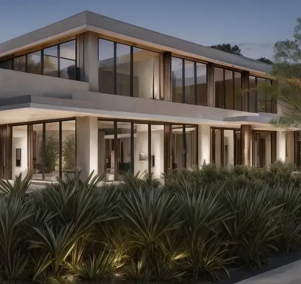 This private residential bungalow is designed to exist in harmony with its surroundings. The clean lines of the architecture are softened by extensive landscaping, and large glass windows dissolve the barrier between the interior and the garden.