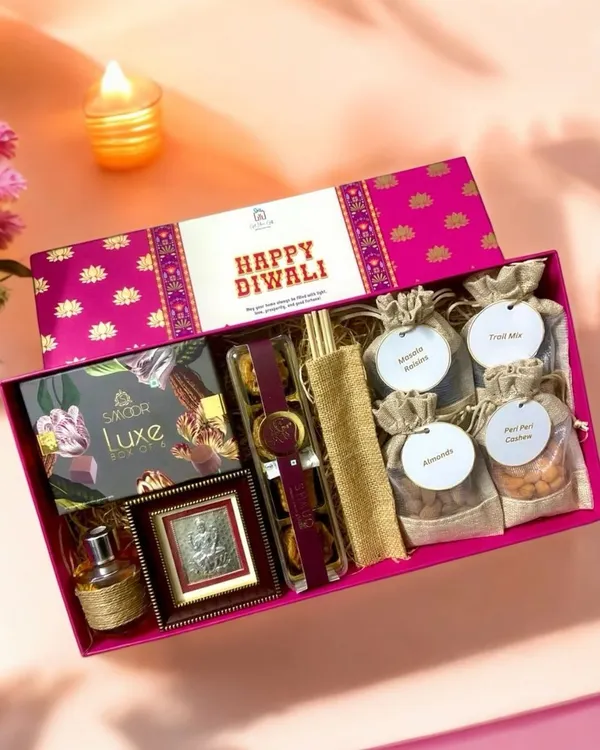 This premium hamper is a perfect example of how I blend luxury with tradition. It features a curated selection of Smoor luxe chocolates, a silver Lakshmi ji frame for blessings, gourmet baklava, and an assortment of flavored dry fruits, all presented in a beautiful designer box for Diwali.