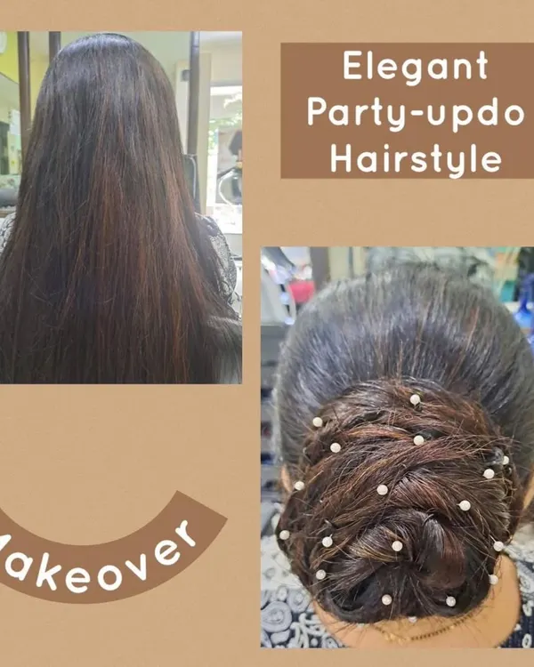 A before-and-after showing long hair transformed into an elegant party updo. This classic bun is adorned with small pearl accessories for a touch of sophistication.