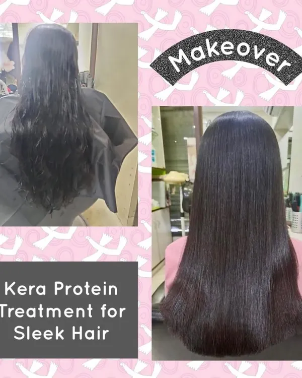 This before and after showcases our Kera-Protein treatment. We targeted dry, frizzy hair and infused it with protein to restore its strength and create this beautiful, sleek finish.